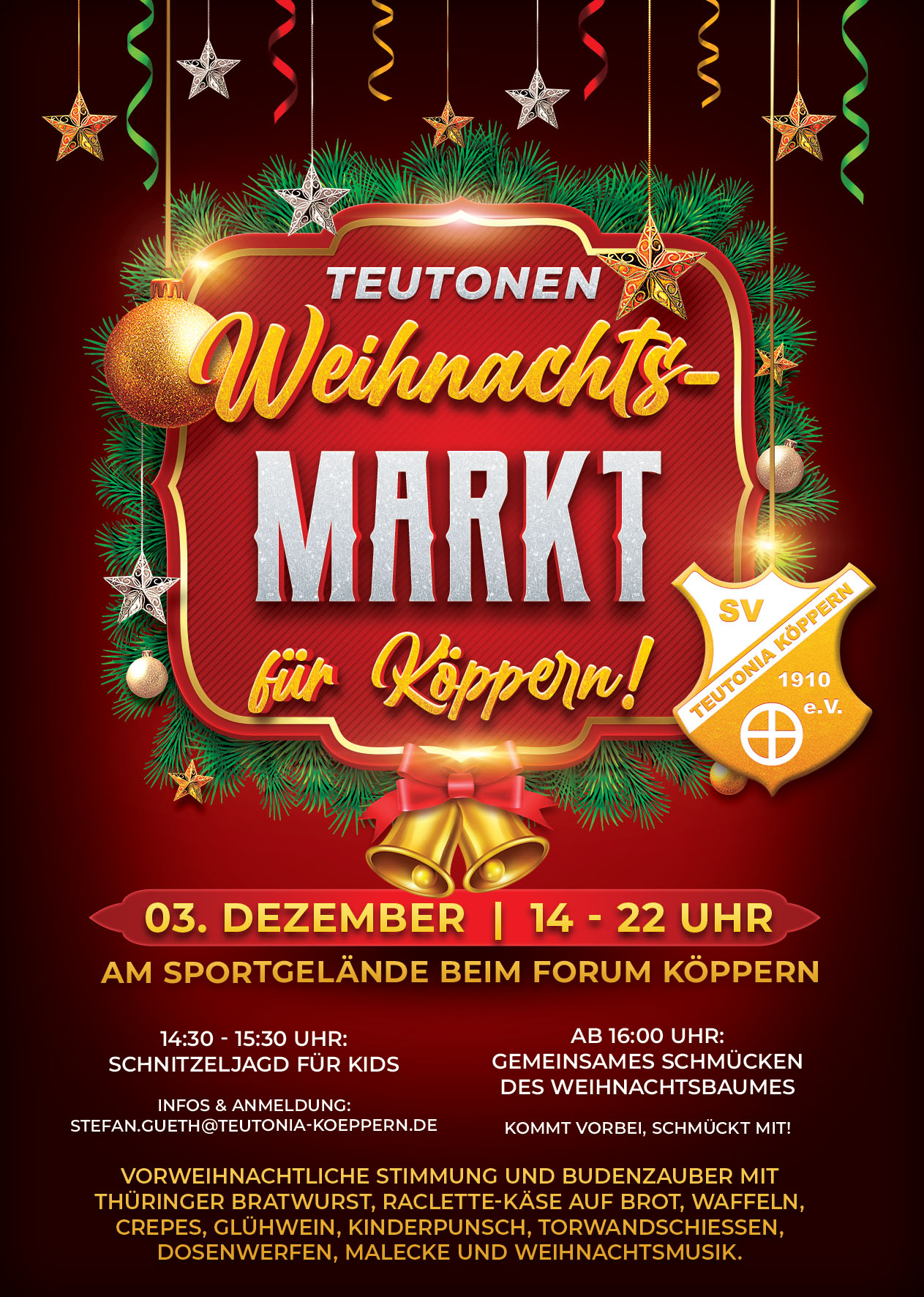 Die Teutonia lädt ein zum Weihnachtsmarkt am 03. Dezember von 14-22 Uhr am Sportgelände beim Forum Friedrichsdorf in Köppern! 14:30 - 15:30 …